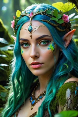 Intricate detailed image of a beautiful elven princess in a jungle, her face is ultrarealistic and hyperdetailed, sharp focus on eyes, green eyes, flowy blue hair, colorful flowery vines cascading down, seated on a mossy rock, mushrooms, sense of beauty and inspiration, perfect anatomy, ,cyberpunk style, cinematic results, colorful, 8kUHD, golden hour, green eyes ,colorful, steam swirling