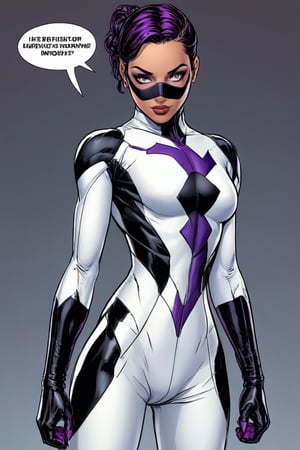 fully body image. superhero comic style. a superhero 25 year old woman. She is wearing a white and black suit that has purple highlights. Her suit is inspired by Nightwings superhero outfit. Her hair is dark brown and its up in a braid. She has a mask on 