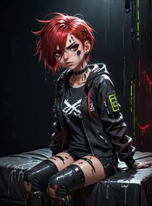 anime teenage girl sitting on a cyberpunk bed, teary eyes, teenage outfit, black and red hair, serious fashion style, dark theme style, punk style, short hair, black background, black paint dripping heavily from eyes and mouth
