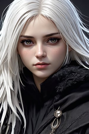 high quality, high detail, masterpiece, beautiful, (general plane ), 1 girl, large white hair, dark clothes whit dark feather details, covered eyes with a cloth dark, animeliner, desillusionRGB, portrait, sad, closeup, sci-fi, fantasy,