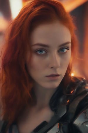 Best quality, Raw photo, face portrait, a young cyborg woman with fiery red hair. Her face fills the frame, bathed in neon hues, exuding determination and mystery amidst a futuristic backdrop