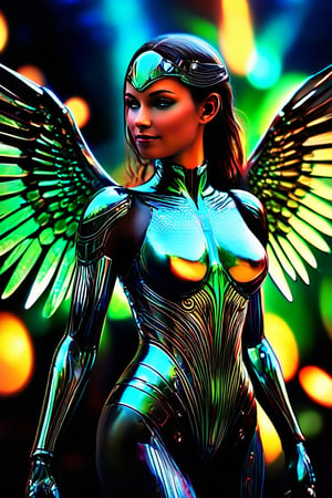 A cybernetic angel, its metallic wings shining with emerald hues and intricate avian designs, stands amidst stone in a photorealistic image. The selective focus highlights the intricate details of its rotating metallic parts and elaborate costume, enhancing the otherworldly presence. Solarization effects add a mystical glow to the scene, creating a breathtaking and visually stunning depiction of a futuristic celestial being. playful body manipulations, divine proportion, non-douche smile, gaze into the camera, holographic shimmer, whimsical lighting, enchanted ambiance, soft textures, imaginative artwork, ethereal glow, silent Luminescence, whispering Silent, iridescent Encounter, vibrant background, by Skyrn99, full body, (((rule of thirds))), high quality, high detail, high resolution, (bokeh:2), backlight, long exposure:2