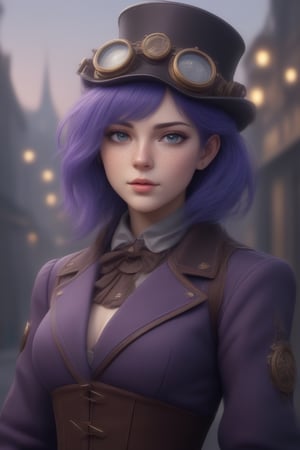 Full Body Portrait of a steampunk woman, Blue purple hair, (((freckles))), ultra hd, realistic, vivid colors, highly detailed, UHD drawing, pen and ink, perfect composition, beautiful detailed intricate insanely detailed octane render trending on artstation, 8k artistic photography, photorealistic concept art, soft natural volumetric cinematic perfect light,steampunk style,Ultra-detailed 3D digital art, high resolution, photorealistic rendering, sharp focus, high-quality background, ultra-detailed landscape, ultra-sharp focus, consistent style, unique and well-developed concept, Unreal Engine, intricate details, beautiful color grading, bright lights , symmetry.