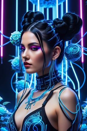 best quality, 8K, highres, masterpiece), ultra-detailed, cyberpunk woman adorned with long black hair fashioned into space buns. In this ethereal scene, she embodies the role of the goddess of horticulture, surrounded by millions of microscopic, ultra-bright blue neon strings emanating from her form. composition showcases a stunningly beautiful backlit silhouette, intricately detailed and adorned with neon clouds, creating a mesmerizing and vivid blue color palette.