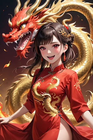 (masterpiece), 1girl in red chinese dress, with a golden dragon, blush, open mouth, smile