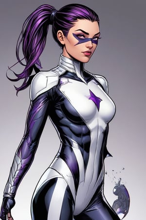 fully body image. superhero comic style. a superhero 25 year old woman. She is wearing a white and black suit that has purple highlights. Her suit is inspired by Nightwings superhero outfit. Her hair is dark brown and its up in a braid. She has a mask on 