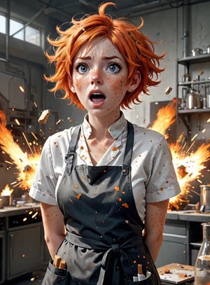 high quality, 8K Ultra HD, woman, daytime, detailed face, messy short hair, orange hair, perplexed, beautiful, elegent, with laboratory apron, freckled, surprised by the explosion, physics, freckled woman, torn apron