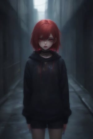 anime teenage girl on a bacstreet alley, teary eyes, teenage outfit, black and red hair, serious fashion style, dark theme style, punk style, short hair, black background, black paint dripping heavily from eyes and mouth