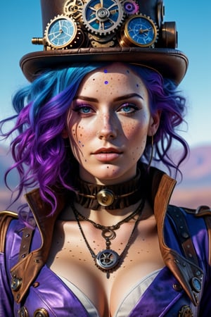 Full Body Portrait of a steampunk woman, Blue purple hair, (((freckles))), ultra hd, realistic, vivid colors, highly detailed, UHD drawing, pen and ink, perfect composition, beautiful detailed intricate insanely detailed octane render trending on artstation, 8k artistic photography, photorealistic concept art, soft natural volumetric cinematic perfect light,steampunk style,Ultra-detailed 3D digital art, high resolution, photorealistic rendering, sharp focus, high-quality background, ultra-detailed landscape, ultra-sharp focus, consistent style, unique and well-developed concept, Unreal Engine, intricate details, beautiful color grading, bright lights , symmetry.