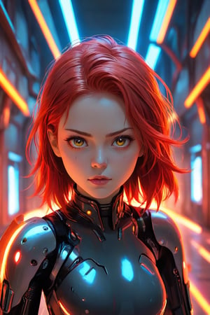 Best quality, Raw photo, face portrait, a young cyborg woman with fiery red hair. Her face fills the frame, bathed in neon hues, exuding determination and mystery amidst a futuristic backdrop