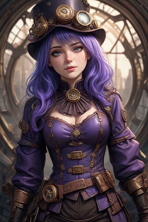 Full Body Portrait of a steampunk woman, Blue purple hair, (((freckles))), ultra hd, realistic, vivid colors, highly detailed, UHD drawing, pen and ink, perfect composition, beautiful detailed intricate insanely detailed octane render trending on artstation, 8k artistic photography, photorealistic concept art, soft natural volumetric cinematic perfect light,steampunk style,Ultra-detailed 3D digital art, high resolution, photorealistic rendering, sharp focus, high-quality background, ultra-detailed landscape, ultra-sharp focus, consistent style, unique and well-developed concept, Unreal Engine, intricate details, beautiful color grading, bright lights , symmetry.