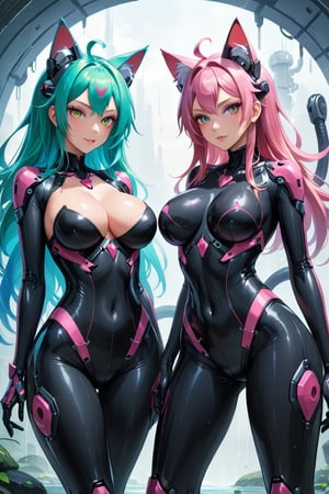 Beautiful women with cat like ears wearing a suit (bodysuit) that is a tight fit. Large breasts, slime thicc, multicolor eyes,, multicolor hair, 2 girls, perfect image unfolds with 8k resolution,mecha,midjourney