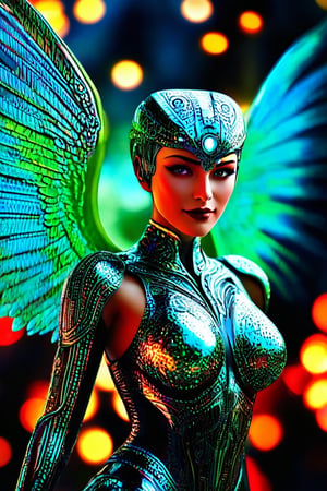 A cybernetic angel, its metallic wings shining with emerald hues and intricate avian designs, stands amidst stone in a photorealistic image. The selective focus highlights the intricate details of its rotating metallic parts and elaborate costume, enhancing the otherworldly presence. Solarization effects add a mystical glow to the scene, creating a breathtaking and visually stunning depiction of a futuristic celestial being. playful body manipulations, divine proportion, non-douche smile, gaze into the camera, holographic shimmer, whimsical lighting, enchanted ambiance, soft textures, imaginative artwork, ethereal glow, silent Luminescence, whispering Silent, iridescent Encounter, vibrant background, by Skyrn99, full body, (((rule of thirds))), high quality, high detail, high resolution, (bokeh:2), backlight, long exposure:2