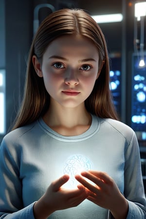 Type of Image: Photorealistic Digital IllustrationSubject Description: A girl holding a glowing genetic model, emphasizing the importance of health and beautyArt Styles: Realism, Medical Illustration, Conceptual ArtArt Inspirations: Leonardo da Vinci, Andreas Vesalius, Zdzisław BeksińskiEnvironment/Background: Indoor, laboratory or medical facility setting with futuristic elementsCamera: Medium shotRender Related Information: Detailed rendering to capture the intricate details of the genetic model and the girl's expression, Soft lighting to highlight the glow of the genetic modelCamera Shot Type: Medium shotCamera Lens: 35mmView: FrontResolution: High resolution (4K+), detailed rendering to emphasize the intricate details of the genetic model and the girl's expressionLighting: Soft ambient light with highlights on the genetic model to create a futuristic atmosphere