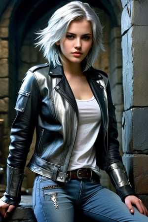highly detailed, rpg style, beautiful young woman, 20 years old, metallic silver hair, casual shirt, leather jacket, jeans, boots, ultra detailed face, (very detailed hair), rebels shelter background, fusion of final fantasy videogame and dungeon & dragons realm, high contrast, flat colors, cel shaded, by Richard Anderson,Magical Fantasy style,portraitart