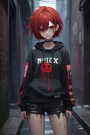 anime teenage girl on a bacstreet alley, teary eyes, teenage outfit, black and red hair, serious fashion style, dark theme style, punk style, short hair, black background, black paint dripping heavily from eyes and mouth