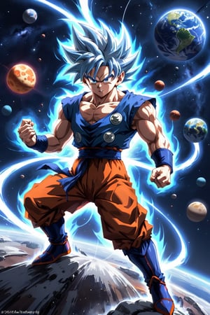 Goku, ultra instinct saiyan, on a cosmic planet