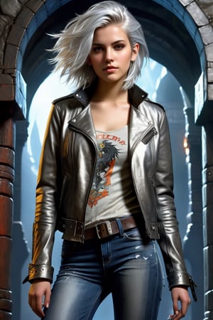 highly detailed, rpg style, beautiful young woman, 20 years old, metallic silver hair, casual shirt, leather jacket, jeans, boots, ultra detailed face, (very detailed hair), rebels shelter background, fusion of final fantasy videogame and dungeon & dragons realm, high contrast, flat colors, cel shaded, by Richard Anderson,Magical Fantasy style,portraitart