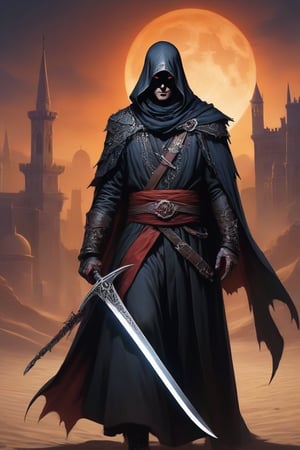 Middle Eastern-inspired vampire hunter, in the vein of Van Helsing, exuding an air of mystery and danger. Picture him clad in intricately embroidered robes, adorned with symbols of protection against the undead. His face obscured by a traditional keffiyeh, revealing only steely determination in his eyes. In one hand, he wields a curved scimitar, while the other holds a gleaming silver dagger, both engraved with ancient runes for banishing vampires. Behind him, the dusky skyline of a desert city looms, adding to the atmosphere of suspense and intrigue. Capture the essence of this enigmatic figure as he prowls the shadows, ready to confront the supernatural threats that lurk in the night. Dark Fantasy