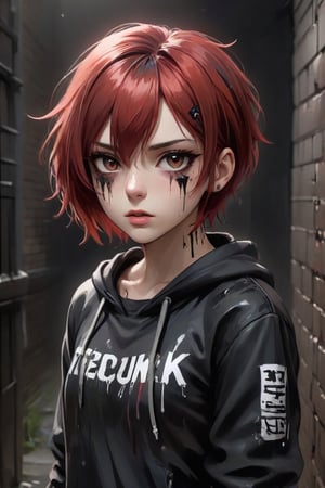 teenage girl on a backstreet alley, teary eyes, teenage outfit, black and red hair, serious fashion style, dark theme style, punk style, short hair, black background, black paint dripping heavily from eyes and mouth