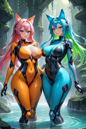 Beautiful women with cat like ears wearing a suit (bodysuit) that is a tight fit. Large breasts, slime thicc, multicolor eyes,, multicolor hair, 2 girls, perfect image unfolds with 8k resolution,mecha,midjourney