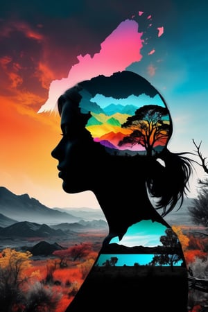 Masterpiece double exposure of a girl silhouette with monochrome apocalypse aftermath and a colorful natural landscape in the underlying backdrop, sharp contrast, detailed crisp lines, in focus, double exposure, by Skyrn99, high quality, high detail, high resolution