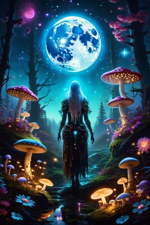 Bioluminescent planet covered in glowing flowers and mushrooms, two moons, glittering stars,ghost person
