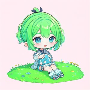 ((2girl)), :),green hair, short hair,  full body,,sit,sit on the ground, (white background),chibi,gfl,cls_chibi