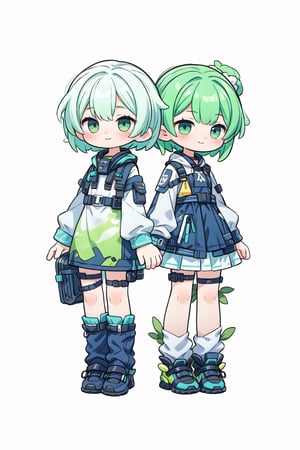 ((2girl)), :),green hair, short hair,  full body, (white background),