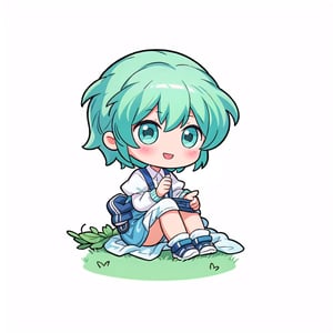 ((1girl)), :),green hair, short hair,  full body,sit, (white background),chibi,gfl,cartoon,white background, simple background