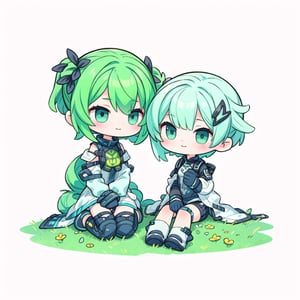 ((2girl)), :),green hair, short hair,  full body,,sit,sit on the ground, (white background),chibi,gfl