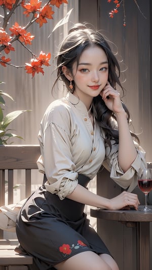 extreme detailed, (masterpiece), (top quality), (best quality), (official art), (beautiful and aesthetic:1.2), (stylish pose), (1 woman), (fractal art:1.3), (colorful), (colorful theme: 1.2), strong light, light flare, ppcp, medium skirt, sitting beside a table, drinking wine, blushing, a bitter sweet smile,

perfect,ChineseWatercolorPainting,Chinese style