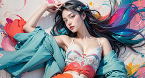 extreme detailed, (masterpiece), (top quality), (best quality), (official art), (beautiful and aesthetic:1.2), (stylish pose), (1 woman), (colorful), (multicolor theme: 1.5), ppcp, medium length skirt, randdom pose, looking into distance, long wave black hair, show navel, random graceful pose, wearing a white tank top with lace, small breasts, upper body, 
perfect,ChineseWatercolorPainting,Chromaspots,fairy,pastelbg,1girl,Half Color,neon background,gongbiv,red dress,colorful_girl