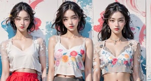 extreme detailed, (masterpiece), (top quality), (best quality), (official art), (beautiful and aesthetic:1.2), (stylish pose), (1 woman), (colorful), (multicolor theme: 1.5), ppcp, medium length skirt, randdom pose, looking into distance, long wave black hair, show navel, random graceful pose, wearing a white tank top with lace, small breasts, upper body, 
perfect,ChineseWatercolorPainting,Chromaspots,fairy,pastelbg,1girl,Half Color,neon background,gongbiv,red dress,colorful_girl