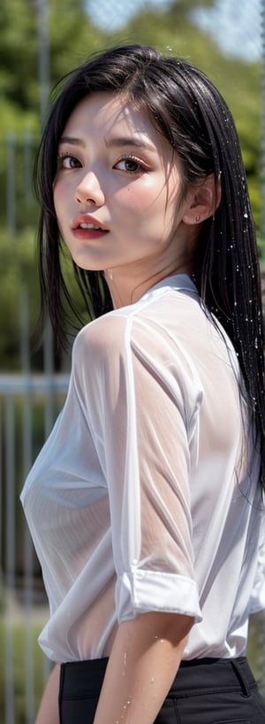 score_9, score_8_up, score_7_up, score_6_up, score_5_up, score_4_up,1girl, solo, long hair, shirt, black hair, standing, white shirt, lips, wet, see-through, realistic