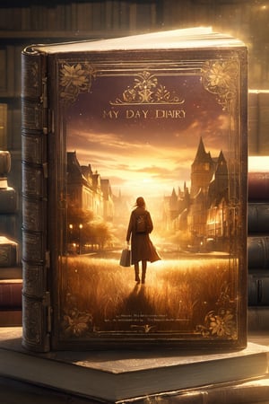 A highly detailed and realistic background showing a large, worn and leather-bound book cover, zooming in to fill the entire space, with warm, earthy colors in rich brown tones, creamy white and soft beige, with gold-engraved zeccchino "MY DIARY" with subtle textures, gilded lettering and decorated illustrations that evoke a sense of vintage sophistication and classic literature.