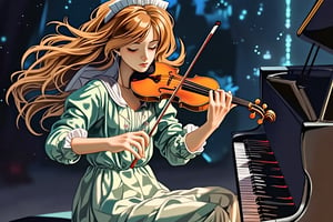 make a wallpaper on a theme of anime your lie in april, Write a quote "I'll study tomorrow
-your lie in every night". kosei arima with piano, Kaori Miyazono with violin.