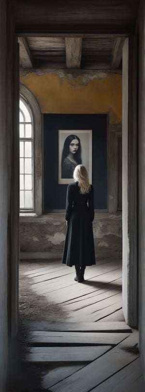 Ultra detailed, psychosomatic art, scandinavian folklore troublemaker, natural beauty, eerie tale, minimalistic fashion, framed photo in wall, inside a old eerie building, the painted person looking at you. eerie feeling.