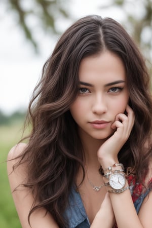 1girl, solo, long hair, looking at viewer, brown hair, brown eyes, jewelry, closed mouth, upper body, blurry, bracelet, lips, blurry background, wavy hair, watch, wristwatch