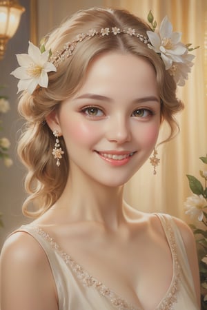 Classic Portrait Painting: Timeless elegance, realistic depiction, mediable fasshion, soft lighting, capturing character., detailed skin, elegant smiling, flower_hair_ornament