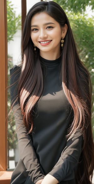 1girl, solo, long hair, looking at viewer, smile, blonde hair, black hair, long sleeves, jewelry, upper body, multicolored hair, earrings, teeth, grin, blurry, two-tone hair, lips, see-through, blurry background, facial mark, own hands together, realistic
