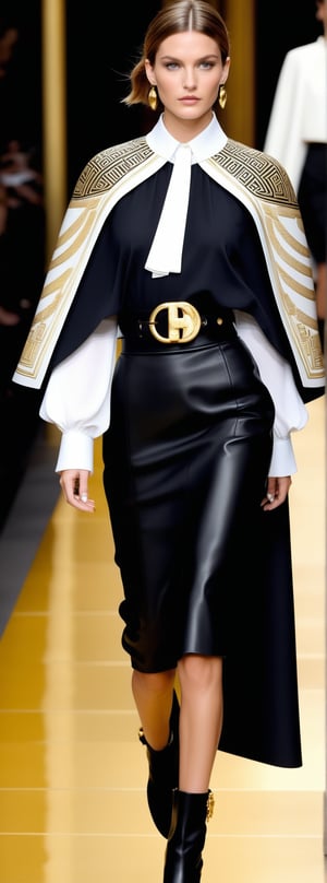 fashion perceptualism, Athena, like a supermodel, wore a look from Prada with an emphasis on intellectual chic. She is wearing a white blouse with puffed sleeves and a strict black skirt decorated with golden Greek patterns. A short cape with asymmetrical draping is thrown over her shoulders, symbolizing her warrior's cloak. Fine but massive jewelry emphasizes her association with strength and strategy, while leather black boots with gold buckles add a modern luster.