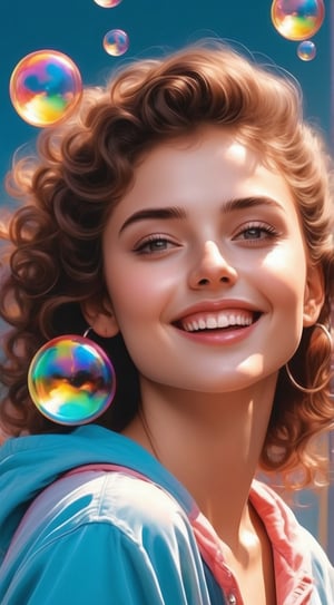 A sexy women with a bright smile and sparkling brown eyes gazes directly at the viewer, her curly brown locks framing her heart-shaped face. She wears a pair of dangling earrings that catch the light as she holds up a colorful soap bubble gun, blowing a delicate bubble that floats softly in front of her hooded head.