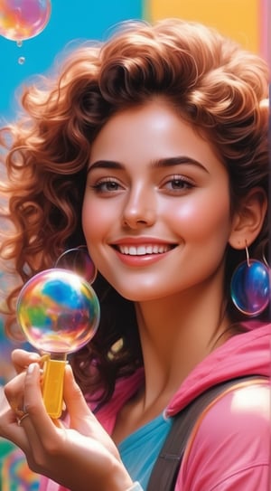 A sexy women with a bright smile and sparkling brown eyes gazes directly at the viewer, her curly brown locks framing her heart-shaped face. She wears a pair of dangling earrings that catch the light as she holds up a colorful soap bubble gun, blowing a delicate bubble that floats softly in front of her hooded head.