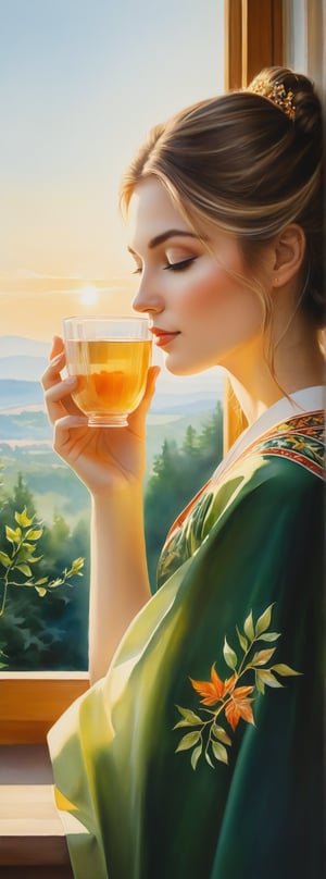 A serene watercolor painting, from Fedya's imagination, captures a close-up portrait of a young woman dressed in a Bulgarian folk costume, sipping tea from a delicate cup. She enjoys the view of vibrant green leaves framed by a minimalist glass window, allowing the warm sunlight to filter through and cast a gentle glow on her delicate features. The intricate details of the leaves and the woman's face are highlighted by this golden light. The backdrop reveals a harmonious blend of nature and modern architecture, with towering structures peeking through the greenery. The overall atmosphere evokes a sense of calm and unity between the natural world and the urban environment, which makes this picture a true work of art, painting, illustration and the beauty of Bulgaria.