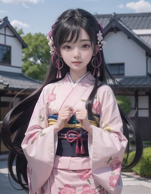 Soft focus captures Miyo's delicate features as she stands in front of a traditional Japanese sliding door, her long black hair with purple reflections cascading down her back like a waterfall. The pale purple-pink eyes seem to glow under the warm lighting, complemented by the subtle definition of her mole beneath her left eye. Her slender figure is clad in a pale pink kimono adorned with cherry blossoms, tied at the waist by a yellow obi. The soft folds of fabric and the gentle curve of her neck create a sense of serenity as she gazes softly into the distance.