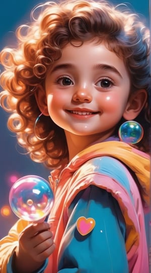 A young girl with a bright smile and sparkling brown eyes gazes directly at the viewer, her curly brown locks framing her heart-shaped face. She wears a pair of dangling earrings that catch the light as she holds up a colorful soap bubble gun, blowing a delicate bubble that floats softly in front of her hooded head.