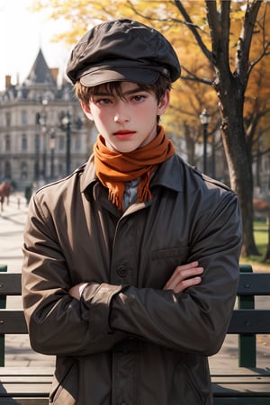 1boy, male_child, solo, looking at viewer, short hair, brown hair, long sleeves, brittish hat, brown eyes, upper body, outdoors, grey and orange scarf, blurry, orange lips, crossed arms, realistic, bench