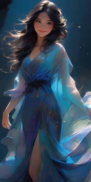 A stunning Chinese anime girl, Nicola Samori-style, posing full-body in a bright blue dress that shimmers like the night sky. Her long, dark hair cascades down her back like a waterfall of darkness. Her sharp green eyes sparkle with warmth as she smiles directly at the viewer, her gaze inviting and mischievous. The scene is bathed in soft, golden light, with gentle shadows accentuating her features. A subtle gradient of blues and purples hues the background, blending seamlessly into the dress's folds.,kimono