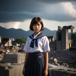 A teenage girl with short hair stands confidently on the ruins of Hiroshima, wearing a traditional Japanese sailor uniform. The scene is framed with the girl in the foreground, her posture strong and determined, while the crumbling buildings and debris of the city stretch out behind her, creating a stark contrast. The lighting is moody, with deep shadows and a few shafts of light breaking through the clouds, highlighting the desolation and resilience in the image.